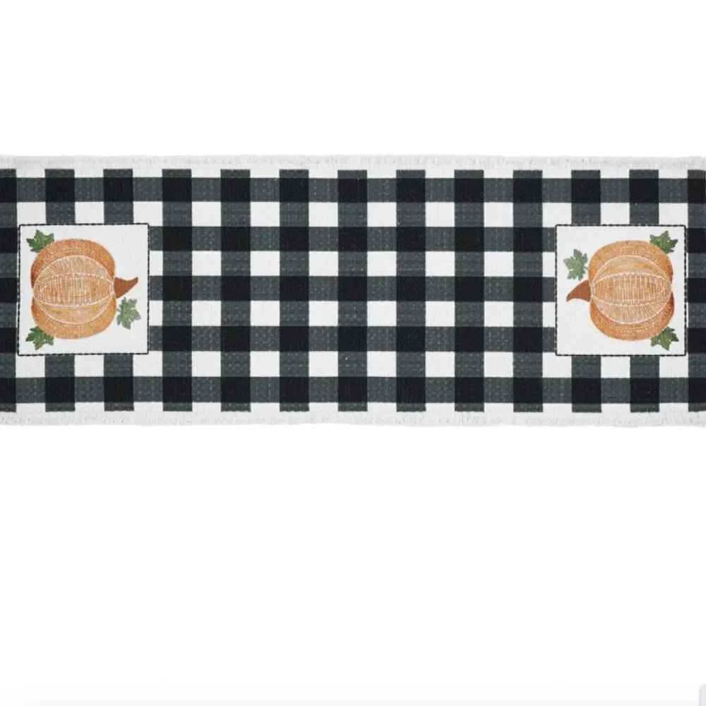 Pumpkin Harvest Buffalo Plaid Table Runner 8x24 Country Farmhouse Fringed